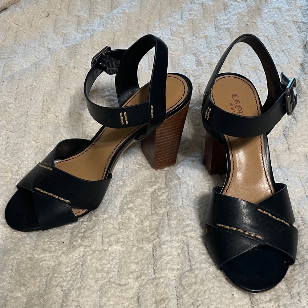 Crown Vintage Black Leather Block Heel Sandals